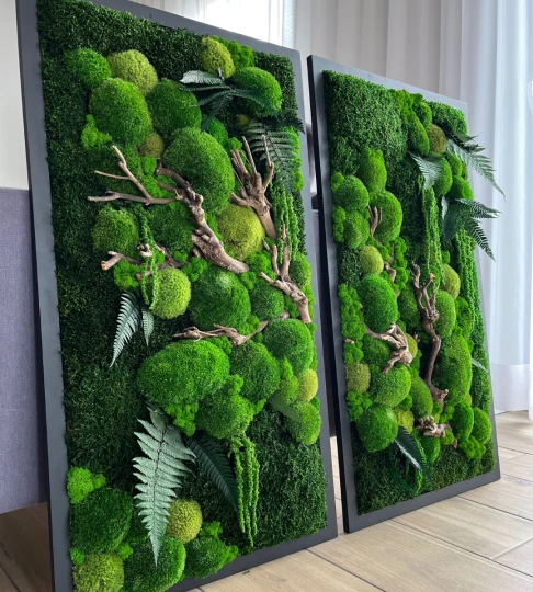 Dwa obrazy z mchu - dyptyk, zestaw 50x90cm w czarnych drewnianych ramach