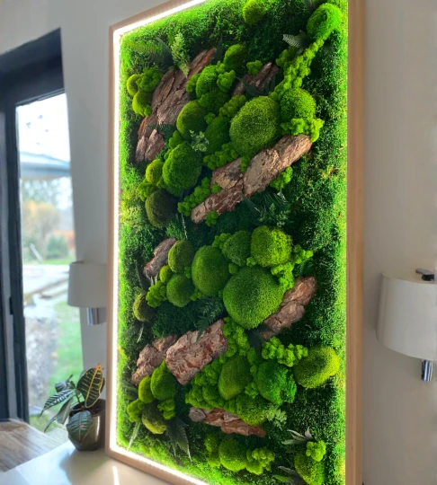 Obraz z mchu z oświetleniem LED 140x70cm w jasnej, drewnianej ramie 
